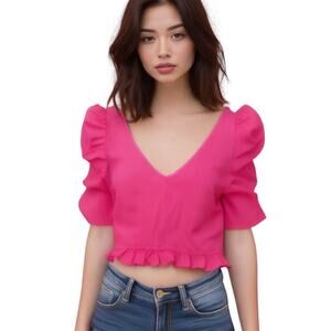 Privy Privately Privileged Hot Pink Puffed Sleeves Ruched Crop Top Size M NWOT